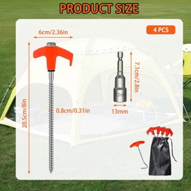 Kimmkco 4 Pack 8" Screw in Tent Stakes Heavy Duty Ground Anchors, Tent Pegs Metal Tent Spikes Camping Tent Stakes with Hex Head Driver & Nail Extractor for Outdoor, Camping, Canopy, Gardening, Beach
