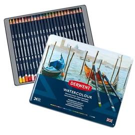 Derwent Watercolor 32883 Pencils Lápices Acuarelables, Mina de 3.4 mm, Estuche de Metal, 24 Unidades