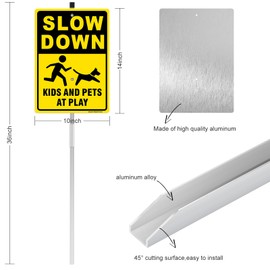 2 Pack Slow Down- Kids and Pets At Play Signs for Street, 10x36Inch All Aluminum Children Playing Safety Sign With Stakes, Slow Down Child At Play Signs for Neighborhoods Lawn, Reflective, Durable