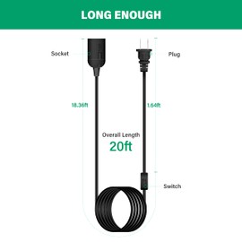 YSSOA 20ft Extension Hanging Lantern Pendant Light Cord Cable with E26 Socket, On/Off Switch, 1 Pack, Black (Bulb Not Included)