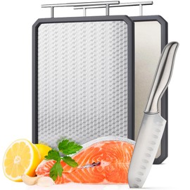 ZIGFEIN Stainless Steel Cutting Board 14.8″×10.8″, Dual‑Sided with Wheat Straw Texture & Smooth Metal, Non‑Slip Edge & Handle