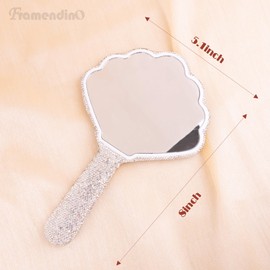 Framendino, 1 Pack Rhinestone Handheld Mirror Bling Cosmetic Dazzling Portable Hand Mirrors for Women Traval Lash Shell Shaped Silver