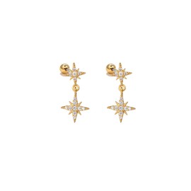 Double Star Stud Earrings Crystal Cubic Zirconia Stars Charm Dangle Drop Cartilage Screw Tiny Ball Back Studs Earring Dainty Birthday Jewelry for Women Friends 20G (Gold)