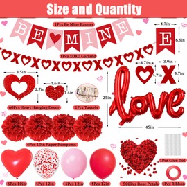 Red Valentines Day Decorations, BE MINE Banner and Heart Hanging, Heart XO Garlands, Red Paper Pompoms, Rose Petals, Love Foil Balloons with Valentines Balloons, for Wedding Anniversary Party Decor