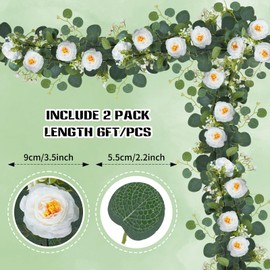 Fairblo 4 Pack Eucalyptus Garland with White Camellias Flowers, 6 Ft Artificial Eucalyptus Vines Floral Greenery Garland for Wedding Arch Party Table Backdrop Wall Decor