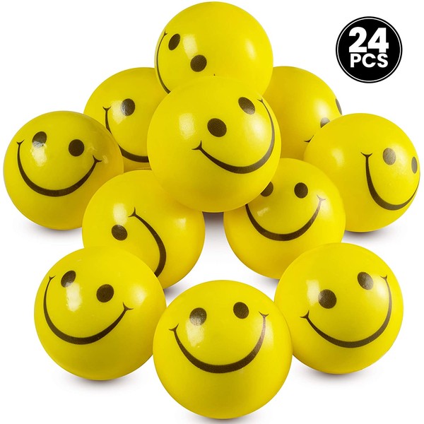 Smile Face Stress Balls for Kids and Adults - Bulk Pack of 24-2 Inch Yellow Fun Happy Face Squeeze Balls for Anxiety Relief, Hand Therapy or Sensory Fidget Toy