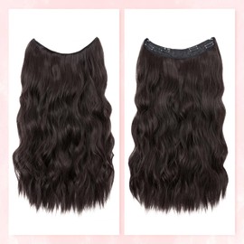 Sleekalon Invisible Wire Hair Extensions 20 Inch Long Wavy Synthetic Secret Wire Hairpieces with Transparent Wire Headband Hairpieces Adjustable Size 4 Secure Clips for Women Dark Brown