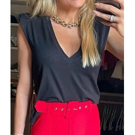 YUYUREAL Women's Shoulder Pad Blouse Shirt High Street Outfit Sleeveless V Neck Office Lady Wide Shoulder Tank Top(BL,L) Black