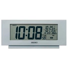 Seiko Clock NAVI SQ794S Silver Metallic Table Clock, Body Size: 3.0 x 6.9 x 1.5 inches (7.7 x 17.4 x 3.8 cm), Alarm Clock, Radio Waves, Digital, Temperature, Humidity, Display, Comfortable Environment