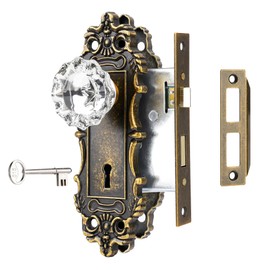 ToPToToo Mortise Lock Set for Interior Door, Antique Brass Door Knobs with Lock and Skeleton Key, Vintage Door Handle Lock Replacement for Interior Doors, Antique Brass Finish