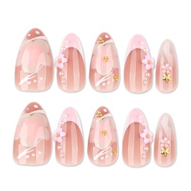 24Pcs Hibiscus Flower Press on Nails Medium Almond Fake Nails Gold Pearl Rhinestones Pink Floral Glue on Nails 3D Peach Blossom Artificial Nails Spring Summer False Nails for Women Acrylic Nails