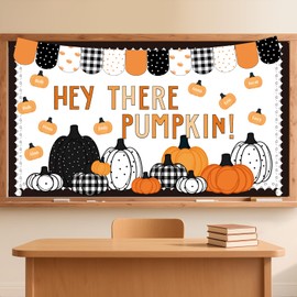 FYSUIMU 77Pcs Fall Pumpkin Cutouts Thanksgiving Black White Dots Plaid Bulletin Board Set with 150Pcs Glue Points for Autumn Thanksgiving Party Classroom Chalkboard Wall Decor