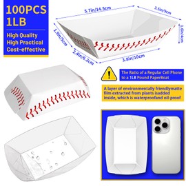 MotBach 100 Pack 1 Lb Paper Food Boat Trays, Baseball Birthday Decorations Baseball Party Favors,Disposable Paper Food Serving Tray Boats Plates for Snack Fries Dessert Popcorn Tacos Nacho