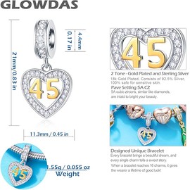 GLOWDAS 10 to 25 28 30  35 40 45 50 55 60 65 70 75  Birthday Charms, fit European Anniversary Bracelet/Necklace, Golden Number 925 Sterling Silver Heart Pendant with CZ, for Women/Men