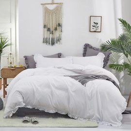 Cottonight Ruffle White Comforter Set Full Farmhouse White Bedding Comforter Set Shabby Chic Blanket Quilt Plain White Vintage Friange Soft Breathable Comforter Set for Full Bed
