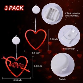 LYUBASA 3 Pack Valentines Day Window Lights Decorations with Timer, Battery Powered Hanging Red Lighted Heart Shaped Silhouette Sucker LED Lamp for Fireplace Indoor Home Decor