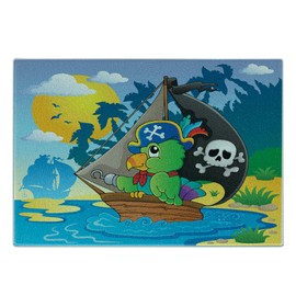Lunarable Parrots Cutting Board, Image with Pirate Parrot Theme Boat Danger Skull Crossbones Hat Sun Comic Cartoon, Decorative Tempered Glass Cutting and Serving Board, Small Size, Multicolor