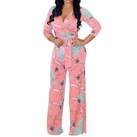 Lisa Colly Women's Summer Floral Print Wide Leg Jumpsuits Casual Beach Rompers Long Pants (Pink,X-Large)