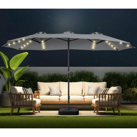 HOMSHADE Double Sided Patio Umbrellas - 15ft Solar Lights LED Lighted Outdoor Extra Large Market Table Umbrella with Base Included, Oversized Umbrella for Deck, Pool, Backyard (Dark Gray)