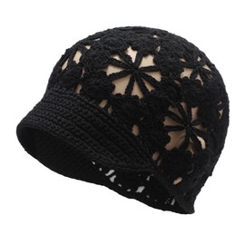 ZLYC Women Summer Slouchy Crochet Hat Handmade Cutout Knit Skull Cap with Visor (Plain Black)