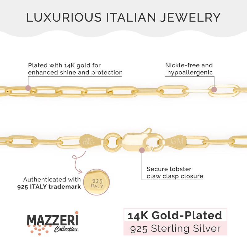 MAZZERI Gold Plated 925 Sterling Silver 2.5mm & 3.5mm Paperclip