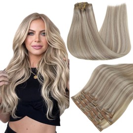 RUNATURE Real Hair Clip-In Extensions Dark Ash Blonde with Platinum Blonde, Real Hair Clip-In Hair Extensions, 45 cm, #19AP60 120 g