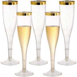 Hedume 50 Pack 6.5 Oz Disposable Plastic Champagne Flutes with Gold Glitter and Gold Rim, 2-Piece Disposable Champagne Glasses, Toasting Flutes Party Cocktail Cups for Celebration, Wedding or Parties