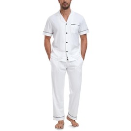 COLORFULLEAF Men's Pyjamas 100% Cotton Short Sleeve Pyjamas with Button Placket Summer Two Piece Sleepwear Loungewear, White, XL