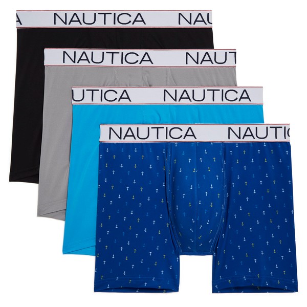Nautica Men's 4 Pack Boxer Briefs, Black/Sharkfin Grey/Hawaii Ocean/Micro Anchor-Sea