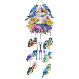 DIY Diamond Painting Sun Catcher Wind Chime Set, 5D Double Sided Crystal Diamond Painting Flower Bird Pendant Set, Rotating Wind Chime Craft Set for Home Garden Window Decor