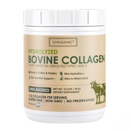 LIVINGANIC Collagen Peptides Powder Unflavored 15.9oz, Hydrolyzed Bovine Collagen 41 Servings Types I & III, Grass-Fed, Pasture-Raised Protein, Zero Sugar Supplement