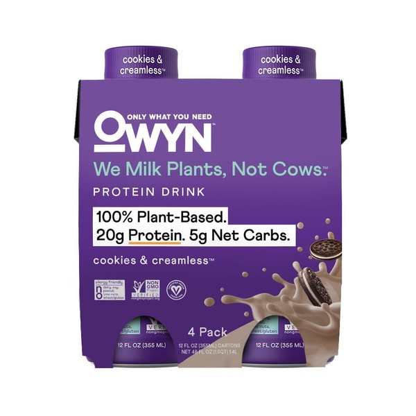 OWYN 100% Vegan Plant-Based Protein Shake, Cookies & Creamless, 4 Pack, with 20g Plant Protein, Omega-3, Prebiotic Supplements, Superfoods Greens Blend, Gluten-Free, Soy-Free, Non-GMO