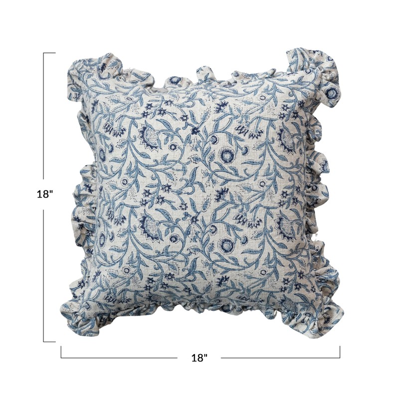 Creative Co-Op, Blue Square Floral Cotton Blend Pillow