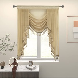 OYRING Beige Waterfall Sheer Window Curtain Valance for Living Room - Tassels Swag Curtain Valance for Bedroom, Valance for Kitchen, 1 Panel, Width 39 Inch