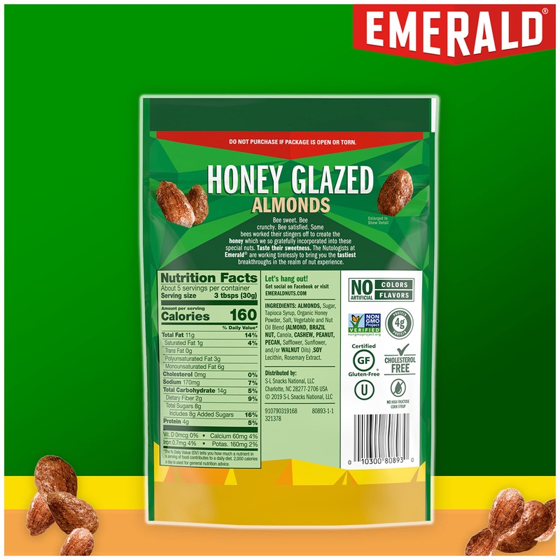 Emerald Nuts Honey Glazed Almonds (1-Pack), 5.5oz Resealable Bag, Kosher