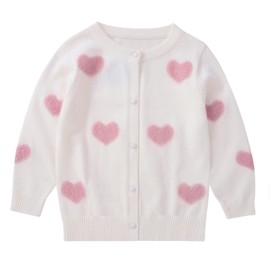 Lilhowcy Baby Girls Heart Design Crew Neck Knitwear Button Cardigan Sweaters Casual Cute Outerwear (White,Size120,4-5Y)
