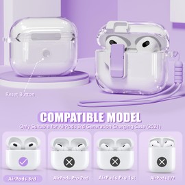 【with Safety Lock】 for AirPods 3rd Generation Case Cover 2021, TPU Clear Case for AirPod Case 3rd Generation with Cleaner Kit & Portable Wrist Strap for Women Girly - Clear Purple