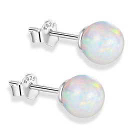 White Gold Plated Sterling Silver Opal Stud Earrings 3mm-8mm Options, Simulated Opal Dot Studs Hypoallergenic Jewellery (White-Ball, 7mm)