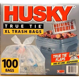 Husky True Tie XL Trash Bags, Clear, 45 Gallon, 100 ct