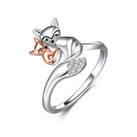 POPLYKE Fox Ring for Women 925 Sterling Silver Adjustable Open Ring Animal Ring Fox Jewelry for Women Size 7