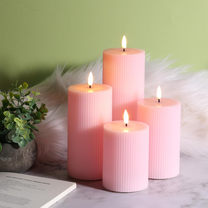 Girimax Pink Ribbed Flameless Pillar Candles with Remote, Flat Top