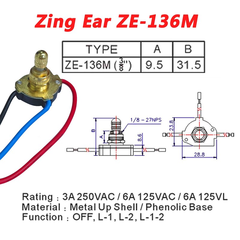 Miayaya Zing Ear ZE-136M Rotary Switch 3/8" 2 Circuit 3-Way