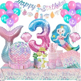 Mermaid Birthday Decoration 3 Years, Mermaid Party Tableware Set, Birthday Decoration 3 Years Girls, Mermaid Balloons Paper Plates etc. Birthday Decoration Supplies for Birthday Decoration 3 Years 16