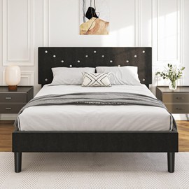 AYJOIR Queen Size Platform Bed Frame with Upholstered Headboard and Sturdy Wooden Slats Support, Mattress Foundation, Easy Assembly, No Box Spring Needed, Slip Resistant (Black, Queen)
