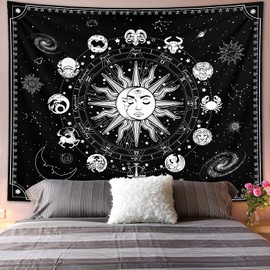Waykingo Astrology Chart Tapestry Zodiac Room Decor, The Sun and Moon Tapestries for Bedroom Aesthetic,Libra Virgo Witchy Tapestry Wall Hanging, Black Tapestry for Bedroom Aesthetic