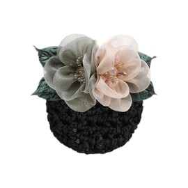 Floral Hair Bun Net with Organza Flowers, Black Crochet Mesh, Pink Decorative Blooms, 2.5 x 1.96 Inch, Women's Hair Accessory (Champagne&Green)