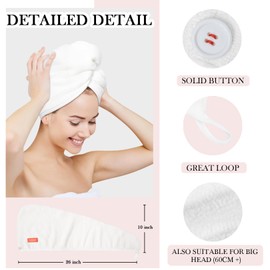 YoulerTex Microfiber Hair Towel Wrap - 2Pack Hair Head Drying Turban Curly Fast Absorbent Dry Anti Frizz Twist Plopping Long Shower Turban for Women with Button (2 White)