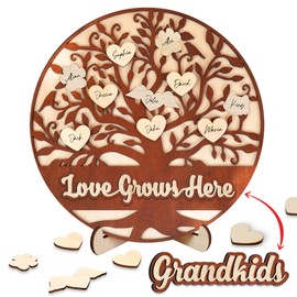 10" Mothers Day Decor Gift for Mom Wooden Family Tree Love Grows Here Plaque DIY Name Heart Sign Home Wall Table Decor Best Mom Ever Birthday Gift for Grandma Nana from Daughter Son HU-FR133-W