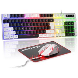 BlueFinger RGB Gaming Keyboard and Backlit Mouse Combo, USB Wired, LED Gaming Set for Laptop PC Computer Game and Work (White & Black)
