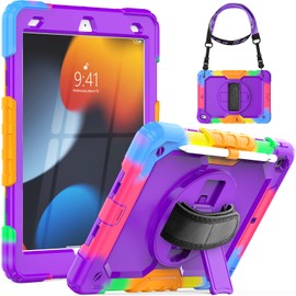 SEYMCY SEYMCY for iPad 9th/8th/7th Generation Case Kids 10.2 inch, Shockproof Sturdy with Rotating Hand Strap & Stand, Screen Protector, Shoulder Strap, Pen Holder for iPad Cover 2021~2019, Purple